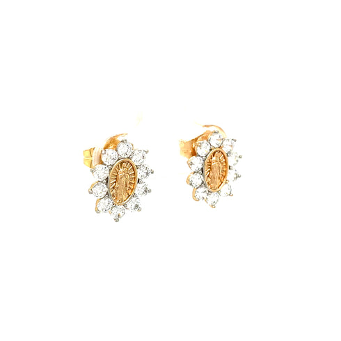 A pair of Virgin Mary stud earrings featuring an oval design at the center, encircled by sparkling zirconia stones set in a stunning sunburst pattern, made with gold rose filled material.